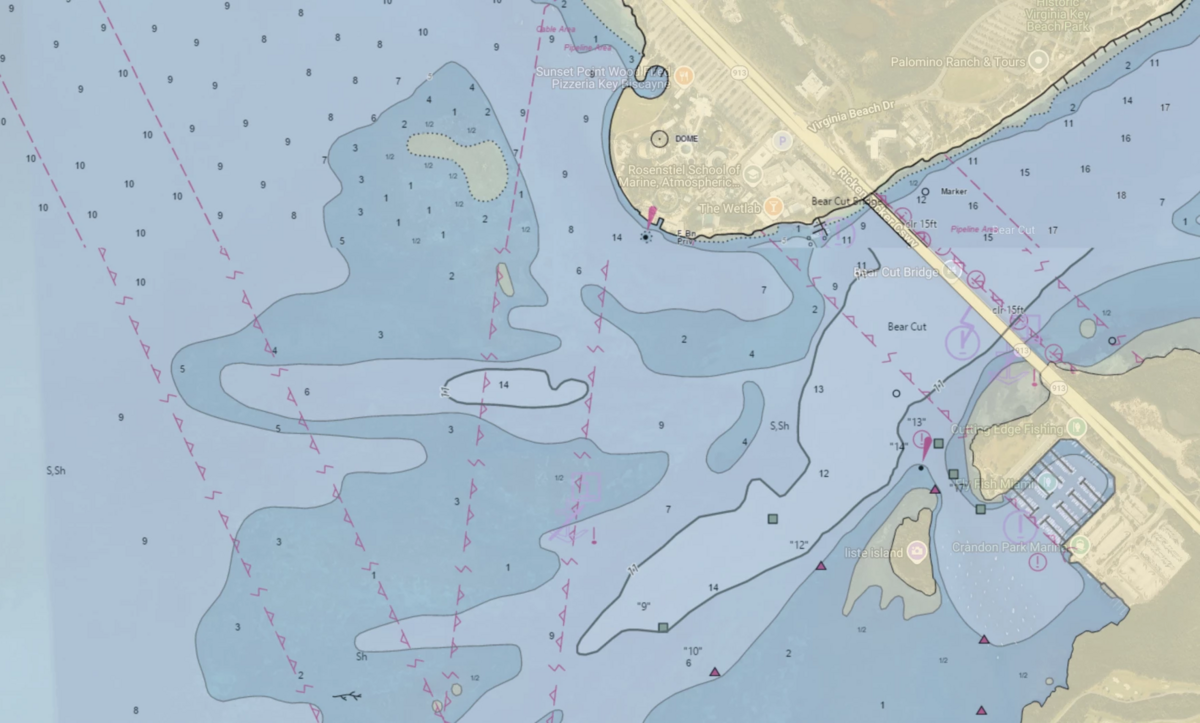 A navigational chart indicates shallow water on flats just a few feet deep surrounding the site.